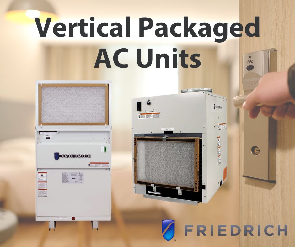 A hand on the door handle opening the door with a blurry hotel room in the background. Two air conditioning units from Friedrich are featured with the words "Vertical Packaged AC Units" at the top.
